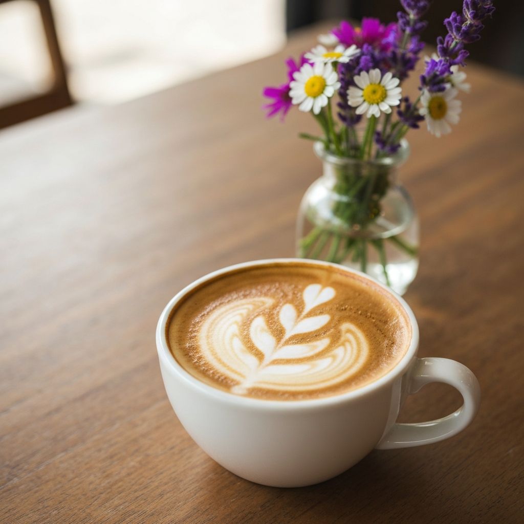A freshly brewed specialty coffee with latte art at Woodland Cafe